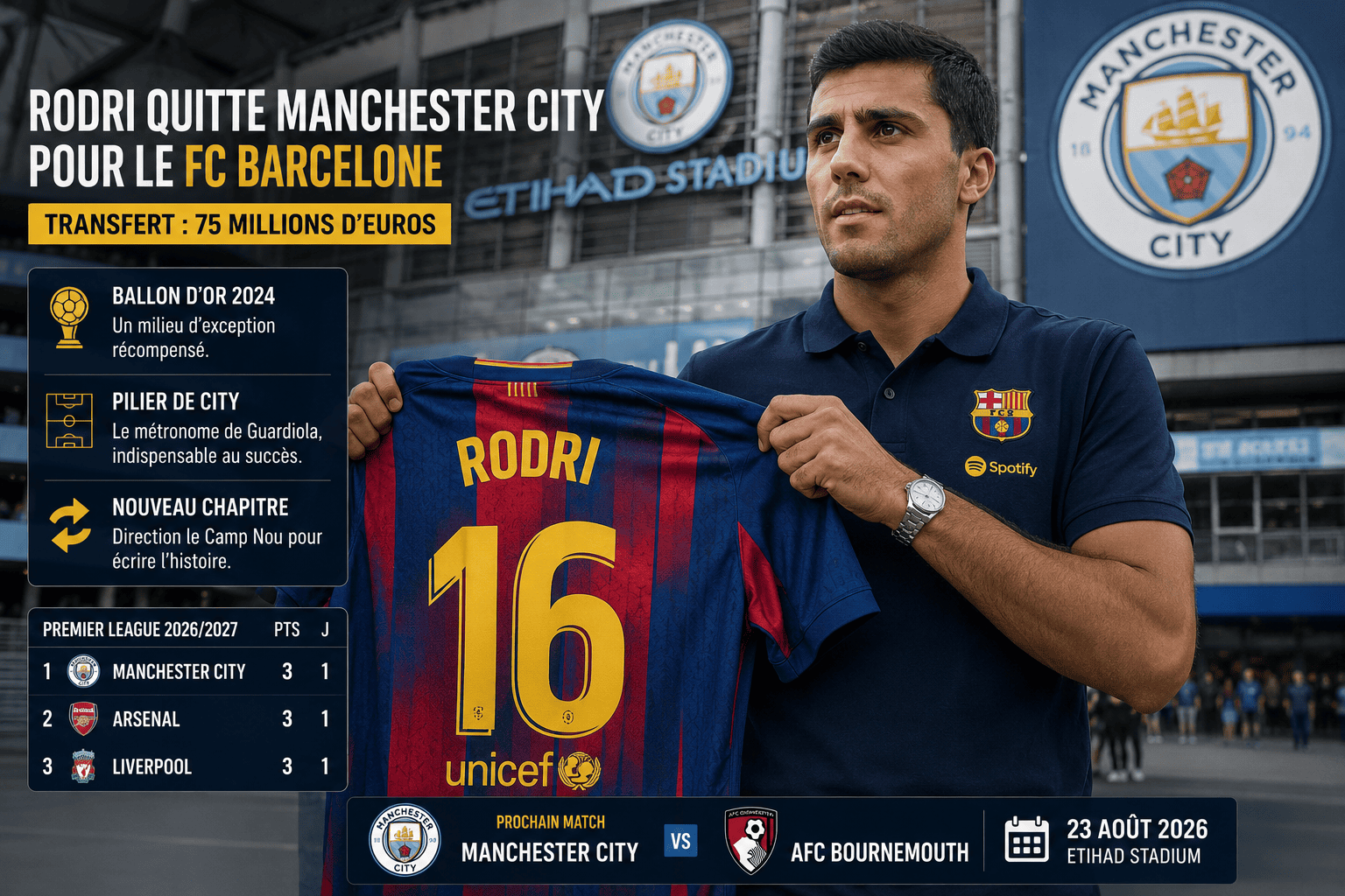 Rodri quitte Manchester City pour rejoindre le FC Barcelone pour 75 M€